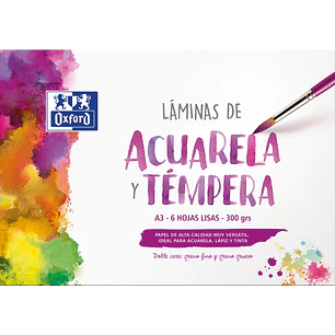 Oxford Pintura Escolar - Sobre de Laminas de Acuarela y Tempera A3 - 6 Hojas de 300gr - Papel Liso de Alta Calidad