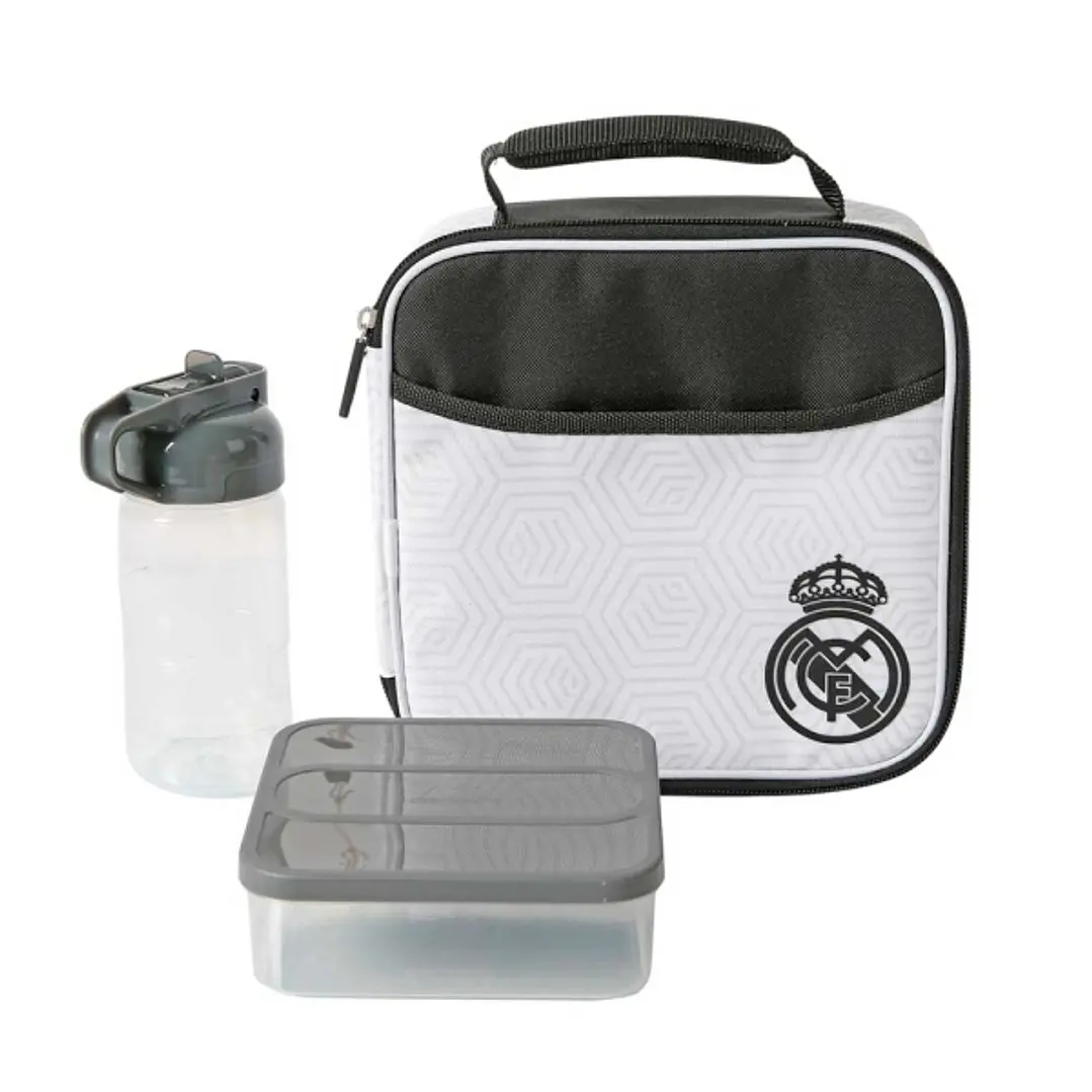 Safta Real Madrid Bolsa Isotermica Porta Alimentos - Cremallera - Incluye Recipiente de 650ml - Botella de 335ml - Bolsillo Interior - Asa de Mano - 2 1