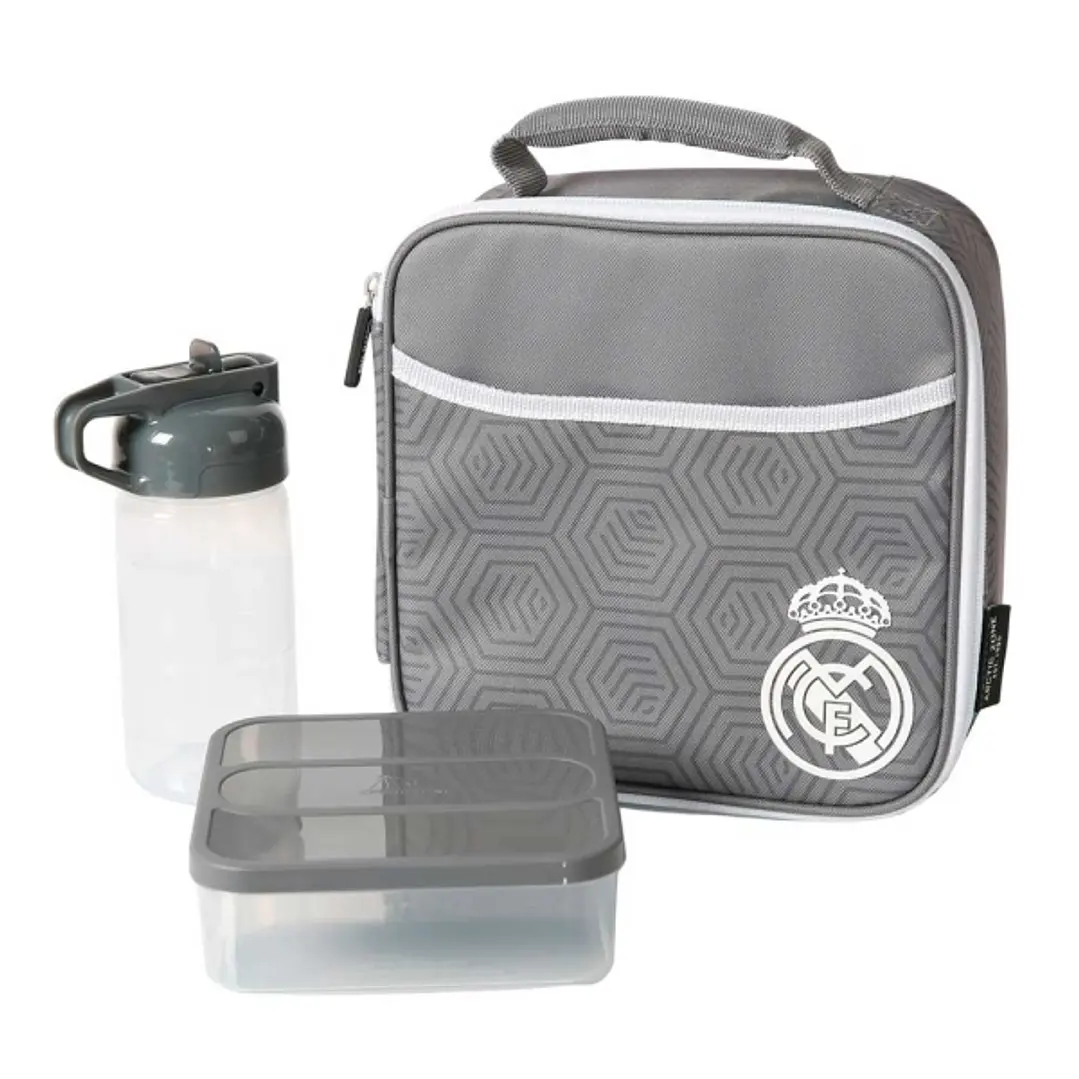Safta Real Madrid Bolsa Isotermica Porta Alimentos - Cremallera - Incluye Recipiente de 650ml - Botella de 335ml - Bolsillo Interior - Asa de Mano - 2 1
