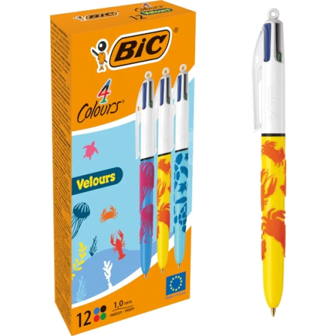 Bic 4 Colours Velours Boligrafo de Bola Retractil - Punta Media de 1.0 mm - Tinta con Base de Aceite - Diseño Mar 1