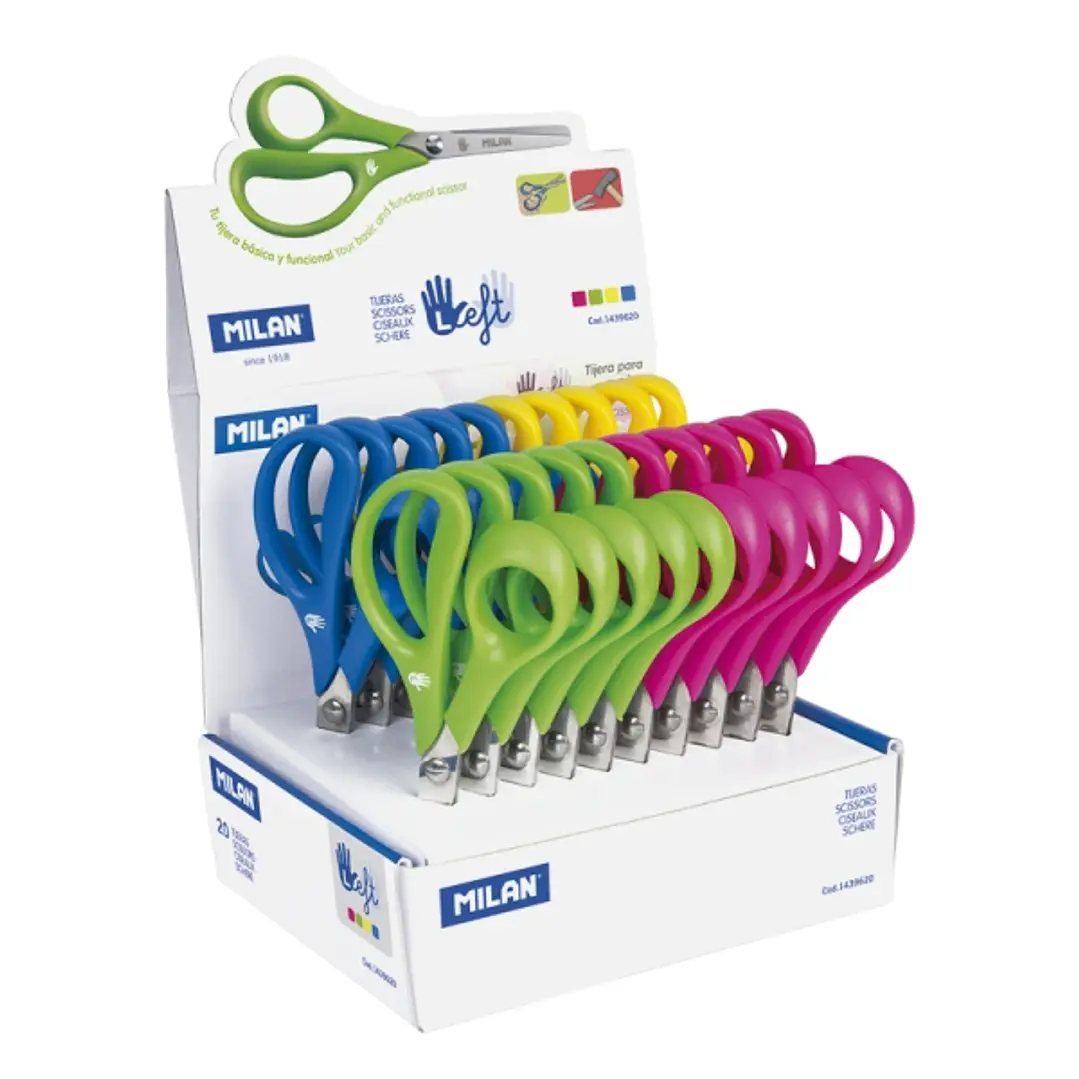 Milan Expositor con 20 Tijeras para Zurdos - Mango Ergonomico - Punta Redondeada - Acero Inoxidable de 14cm - Colores Surtidos 1