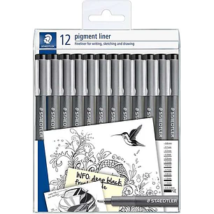 Staedtler Pigment Liner 308 Pack de 12 Rotuladores Calibrados - Tamaños de Puntas Surtidos - Color Negro