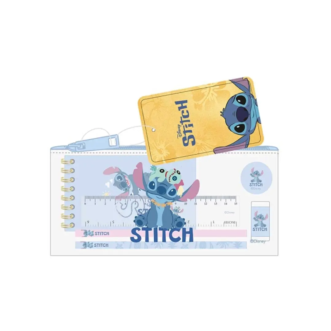 Safta Stitch Portatodo - Cremallera - PVC - Regla de 15cm - 2 Lapices - Sacapuntas - Goma - Bloc de Notas de 70 Hojas - 22.5x10.5x1cm - Color Azul y T 1