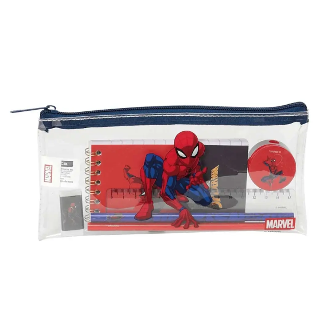Safta Spider-Man Portatodo - Cremallera - PVC - Regla de 15cm - 2 Lapices - Sacapuntas - Goma - Bloc de Notas de 70 Hojas - 22.5x10.5x1cm - Color Azul 1