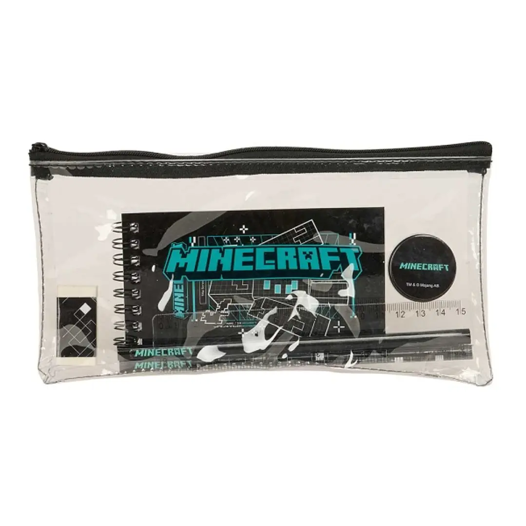 Safta Minecraft Screen Portatodo - Cremallera - PVC - Regla de 15cm - 2 Lapices - Sacapuntas - Goma - Bloc de Notas de 70 Hojas - 22.5x10.5x1cm - Colo 1