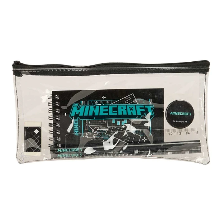 Safta Minecraft Screen Portatodo - Cremallera - PVC - Regla de 15cm - 2 Lapices - Sacapuntas - Goma - Bloc de Notas de 70 Hojas - 22.5x10.5x1cm - Colo 1