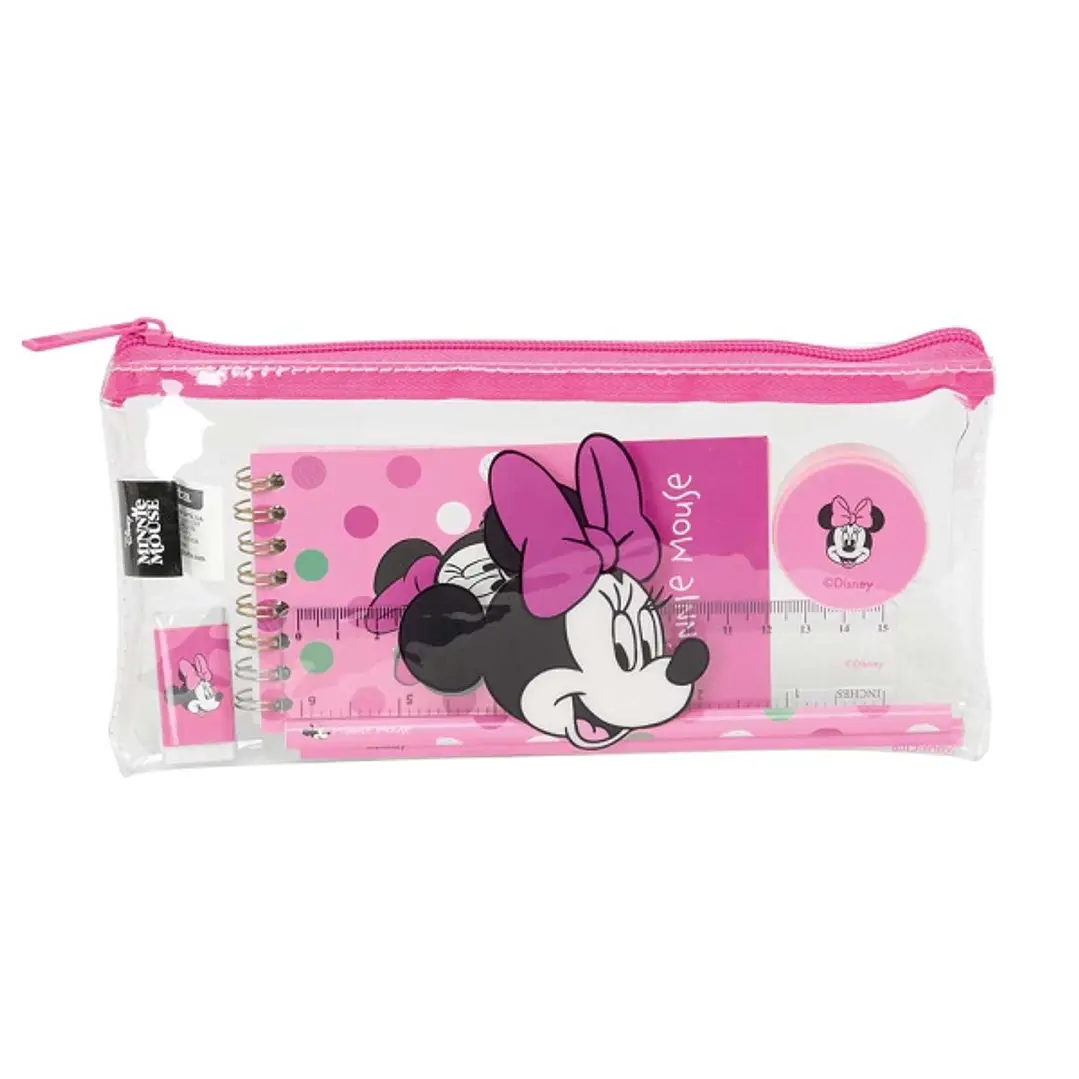Safta Minnie Mouse Minty Portatodo - Cremallera - PVC - Regla de 15cm - 2 Lapices - Sacapuntas - Goma - Bloc de Notas de 70 Hojas - 22.5x10.5x1cm - Co 1
