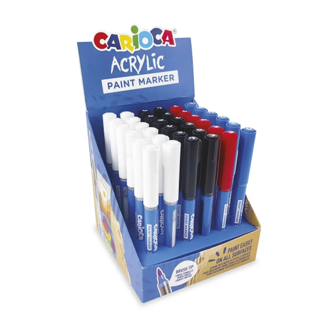 Carioca Acrylic Expositor con 36 Marcadores de Pintura Acrilica - Punta Pincel - Tinta a Base de Agua - Alta Cobertura - Colores Surtidos 1