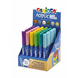 Carioca Acrylic Expositor con 36 Marcadores de Pintura Acrilica - Punta Pincel - Tinta a Base de Agua - Alta Cobertura - Colores Surtidos