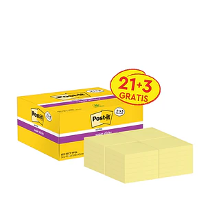 Post-It Super Sticky Pack de 24 Blocs de 90 Notas Adhesivas Reposicionables - 47.6x47.6mm - Promocion 21 Blocs + 3 Gratis - 100% PEFC - Color Amarillo