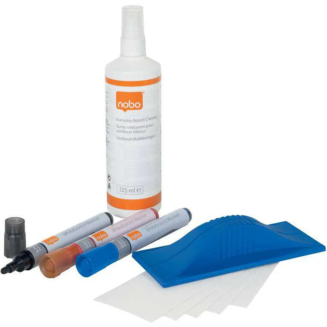 Nobo Pack de Accesorios para Pizarra Blanca - Incluye Rotuladores, Borrador Magnetico, Spray de Limpieza e Imanes - Practico y Completo 1