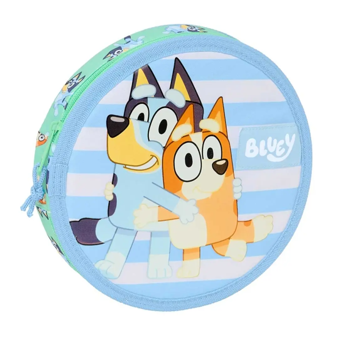Safta Bluey Sisters Plumier Redondo - 18 Piezas - Cremallera - Goma - Lapiz - 6 Colores - 8 Rotuladores - Sacapuntas - 210x35mm - Color Azul 1