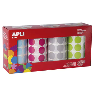 Apli Pack de 4 Rollos de Gomets Redondos Ø 20mm - 1770 Gomets por Rollo - Adhesivo Permanente - 7080 Gomets en Total - Ideales para Escuelas Infantile