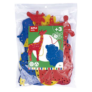 Apli Juego de Cosedores Animales - Formato Maxi - 6 Animales de Plastico con Agujeros - 18 Cuerdas de Colores - Desarrolla Psicomotricidad Fina y Coor