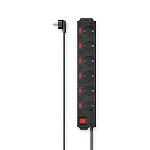 Hama Regleta Alimentacion con 6 Tomas - Potencia Maxima 3680W - Cable 1.4m - Voltaje 250V - Enchufe Schuko en Angulo - 7.5x4.5x46cm - Color Negro