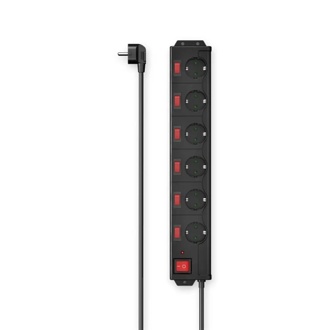 Hama Regleta Alimentacion con 6 Tomas - Potencia Maxima 3680W - Cable 1.4m - Voltaje 250V - Enchufe Schuko en Angulo - 7.5x4.5x46cm - Color Negro 1