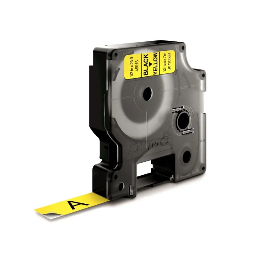 Dymo LM D1 45018 Cinta de Etiquetas Original para Rotuladora - Texto Negro sobre Fondo Amarillo - Ancho 12mm x Largo 7m 1