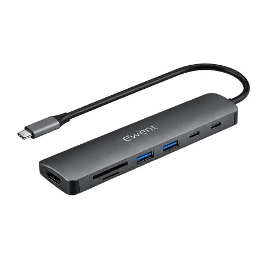 Ewent USB-C Dock 7 en 1 - 1x USB-C, 2x USB-A 3.2 Gen1, 1x HDMI 4K/60Hz, 1x SD/TF 2.0, 1x MicroSD, 1x USB-C PD 100W - Color Gris 1