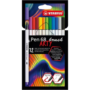 Stabilo Pen 68 Brush Arty Pack de 12 Rotuladores - Punta de Pincel - Tinta a Base de Agua - Colores Surtidos