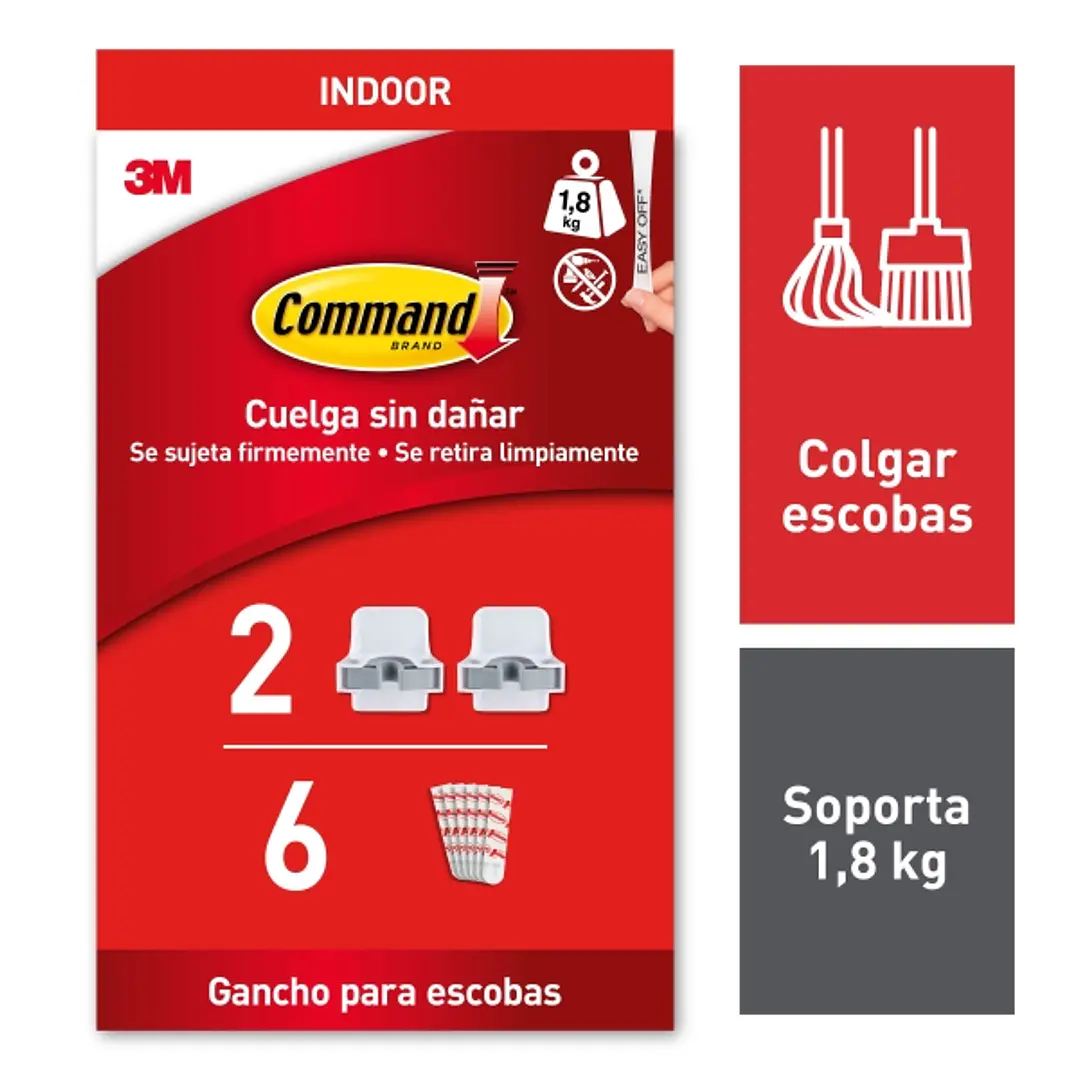 Command Soporte de Pared para Escoba - 6 Pack de 2 Tiras Adhesivas - Soporta hasta 1.8kg - Color Blanco 1