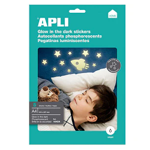 Apli Pack de 5 Etiquetas Brillo en la Oscuridad 210x297mm A4 - 5 Hojas por 1 Etiqueta - Permite Recortarlos y Realizar Diferentes Diseños - Aptas para