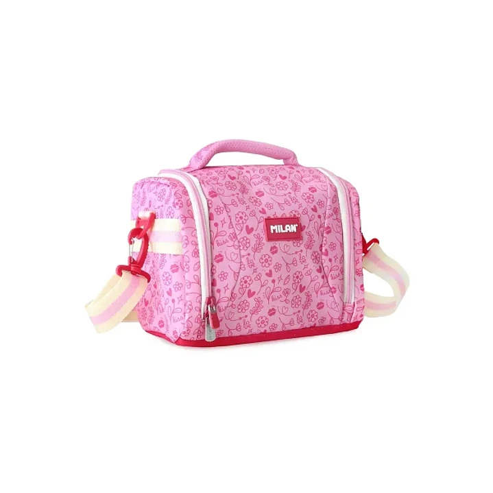 Milan Pink Flowers Bolsa Isotermica Porta Alimentos de 5L - Gran Capacidad - Apertura Total - Bolsillo Interior de Malla - Correa Regulable - Medidas  1
