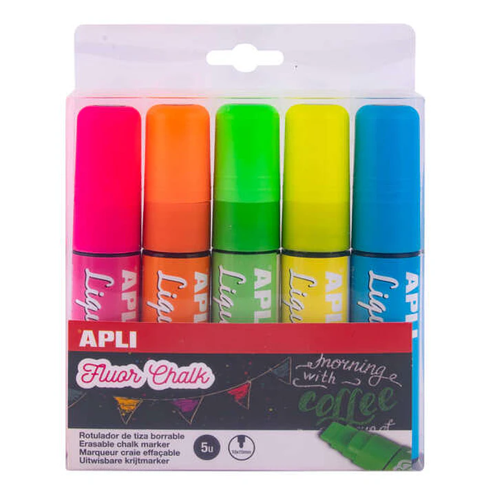 Apli Pack con 5 Rotuladores de Tiza Liquida - Punta Biselada 10x15mm - Para Pizarras y Superficies No Porosas - Colores Surtidos 1