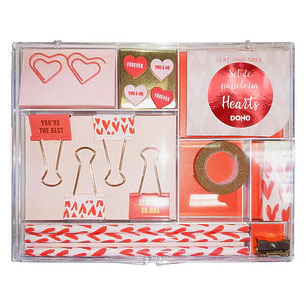 Dohe Set de Papeleria de Regalo - Incluye Bloc de Notas 80 Hojas 80x65mm - Clips con Forma 36x28mm - Pinzas 32mm - Push Pins 18.3x12mm - Lapiceros - A