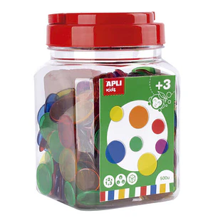 Apli Kit de 500 Piezas Redondas de Plastico Transparente - 25mm y 18mm - Ideal para Mesas de Luz y Practicas de Secuencias y Clasificaciones - Formato