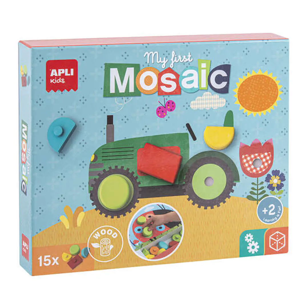 Apli Mosaico Educativo de Madera - 15 Piezas de Diferentes Formas y Colores - 5 Laminas con Diseños - Tamaño de Laminas: 280x180x2mm - Caja con 2 Comp 1
