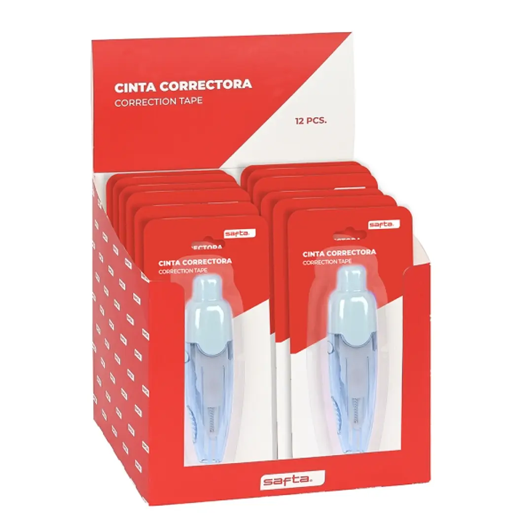 Safta Expositor con 12 Cintas Correctoras - Plastico PET - Reescritura Instantanea - Retractil - Colores Surtidos 1
