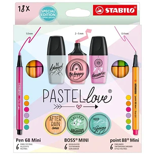 Stabilo Pastellove Pack de 18 Marcadores y Rotuladores - 6 Rotuladores Premium Pen 68 Mini, 6 Rotuladores Point 88 Mini y 6 Rotuladores Fluorescentes 