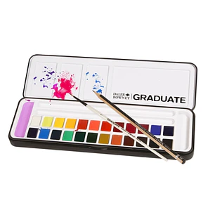 Daler Rowney Graduate Pack de 24 Acuarelas - Medio Godets - Incluye Pincel y Lapiz - Colores Surtidos