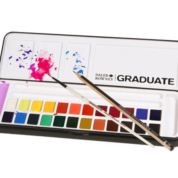 Daler Rowney Graduate Pack de 24 Acuarelas - Medio Godets - Incluye Pincel y Lapiz - Colores Surtidos 1
