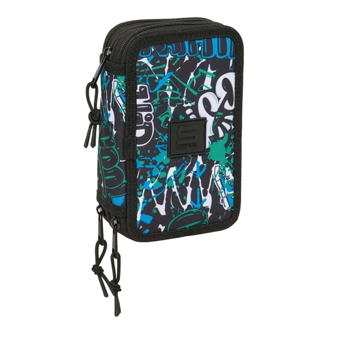 Safta Graffiti Go Plumier de 3 Pisos - 37 Piezas - 1.3L - Goma - Lapiz - Boligrafos - Sacapuntas - Reglas - 16 Colores - 14 Rotuladores - 125x55x195mm 1