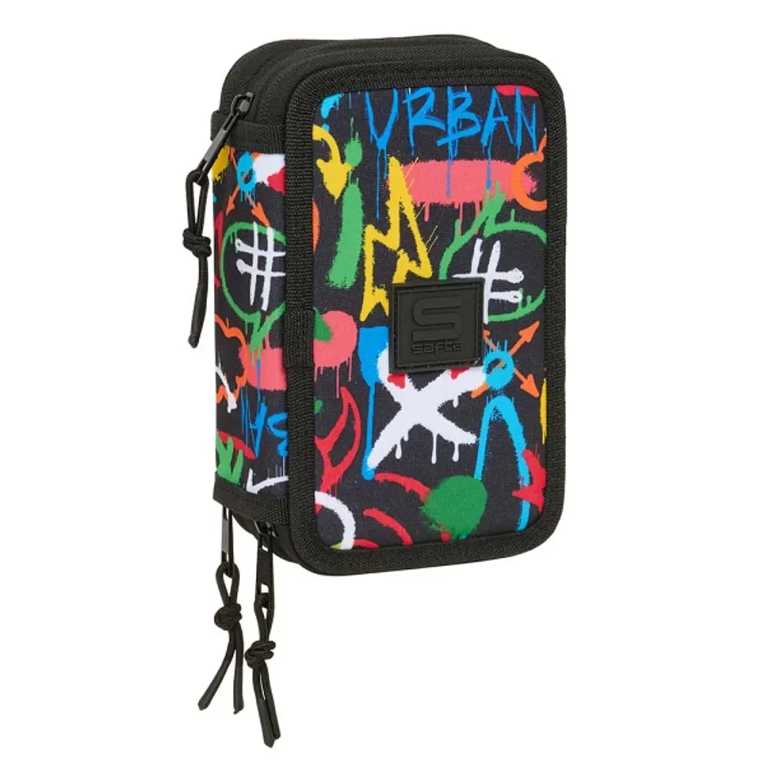 Safta Graffiti Colors Plumier de 3 Pisos - 37 Piezas - 1.3L - Goma - Lapiz - Boligrafos - Sacapuntas - Reglas - 16 Colores - 14 Rotuladores - 125x55x1 1