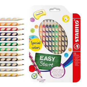 Stabilo Easycolors Special Colors Pack con 12 Lapices de Colores Ergonomicos + Sacapuntas - Mina de 4.2mm - Forma Triangular - Uso Zurdo - Colores Sur