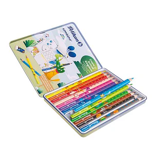 Pelikan Pack de 12 Lapices de Colores Jumbo - Caja de Metal - Triangulares - Cuerpo Decorado - Lavables - No Toxico - Colores Surtidos