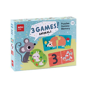Apli Set de 3 Juegos Animales: 1 Puzzle de 24 Piezas, 1 Domino de 36 Piezas y 1 Memory de 24 Piezas - Recomendado para Niños a partir de 3 Años