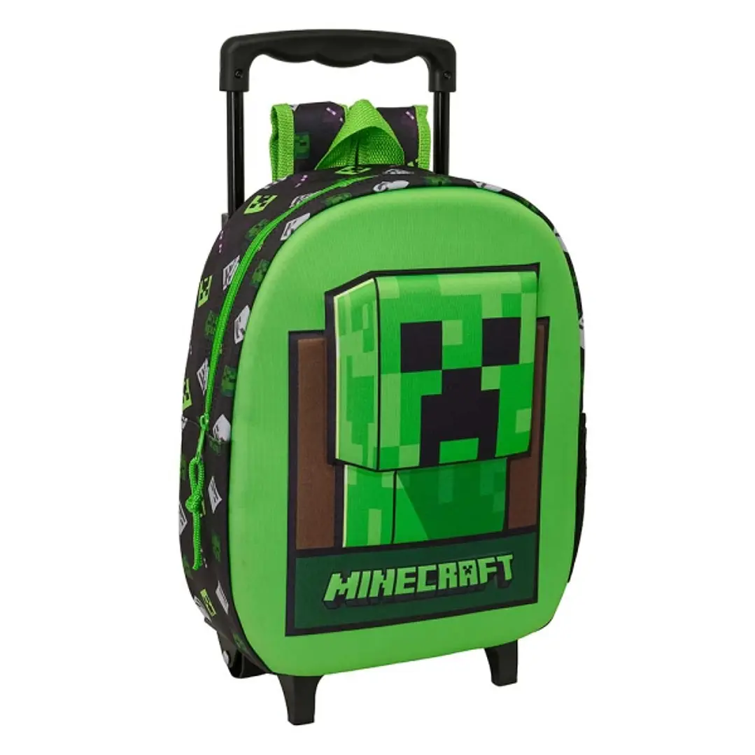 Safta Minecraft Mochila con Carro - Portabotellas - Hombreras Acolchadas - Asa de Mano - 27x33x10cm - Color Verde y Negro 1