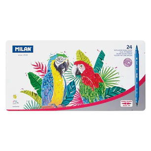 Milan Pack de 24 Rotuladores Doble Punta Fina - Pincel - Caja Metalica - Punta Fina 2mm - Pincel 0.5 a 4mm - Colores Surtidos