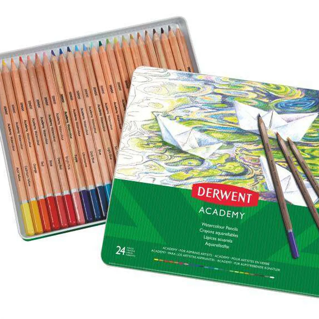 Derwent Academy Pack de 24 Lapices Acuarelables - Flexibilidad de la Acuarela - Cuerpos de Madera Natural - Faciles de Usar - Pigmentos de Calidad - M 1