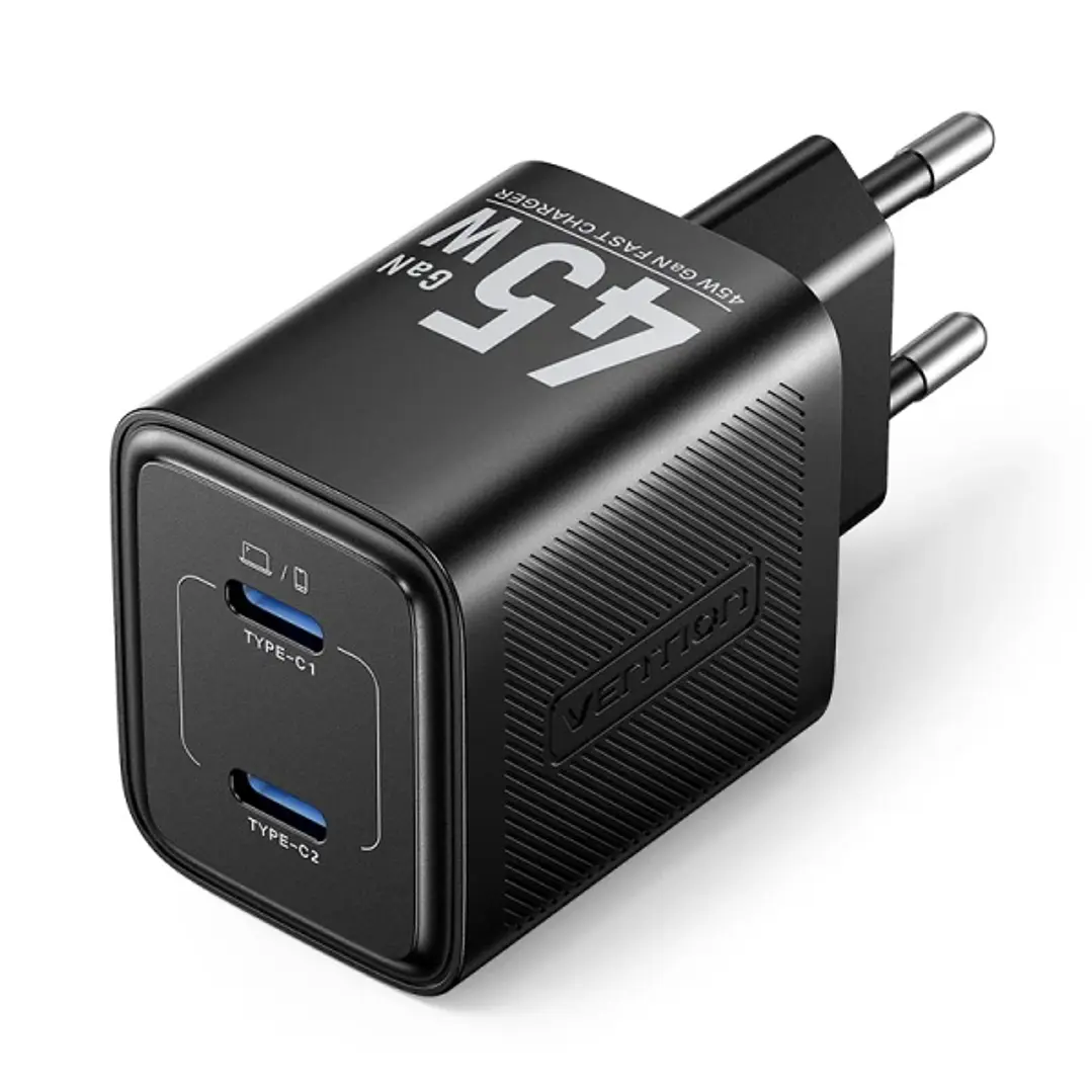 Vention Cargador de Pared - 45W - GaN - Cable de 1m Incluido - 2xUSB-C - Carga Rapida - Color Negro 1