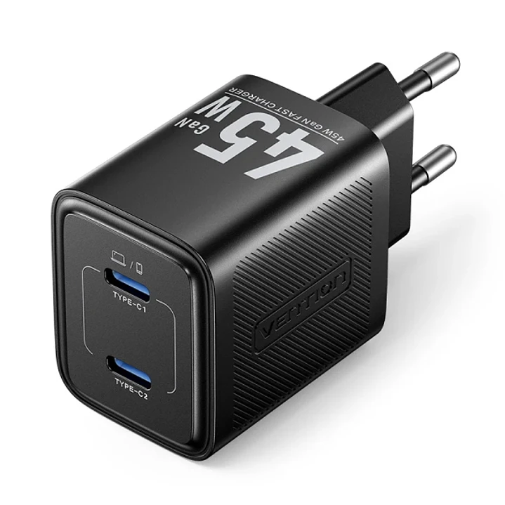 Vention Cargador de Pared - 45W - GaN - Cable de 1m Incluido - 2xUSB-C - Carga Rapida - Color Negro 1