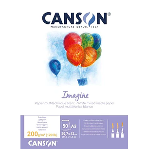 Canson Imagine Bloc Encolado de 50 Hojas A3 - Grano Fino - 29.7x42cm - 200g - Color Blanco