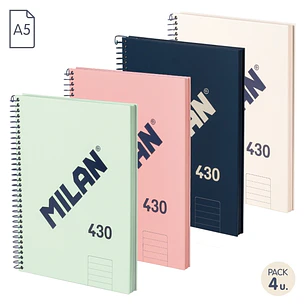 Milan 430 Since 1918 Pack de 4 Cuadernos A5 con Espiral - Papel a Lineas de 7mm - 80 Hojas de 95g - Tapa Dura - Colores Surtidos