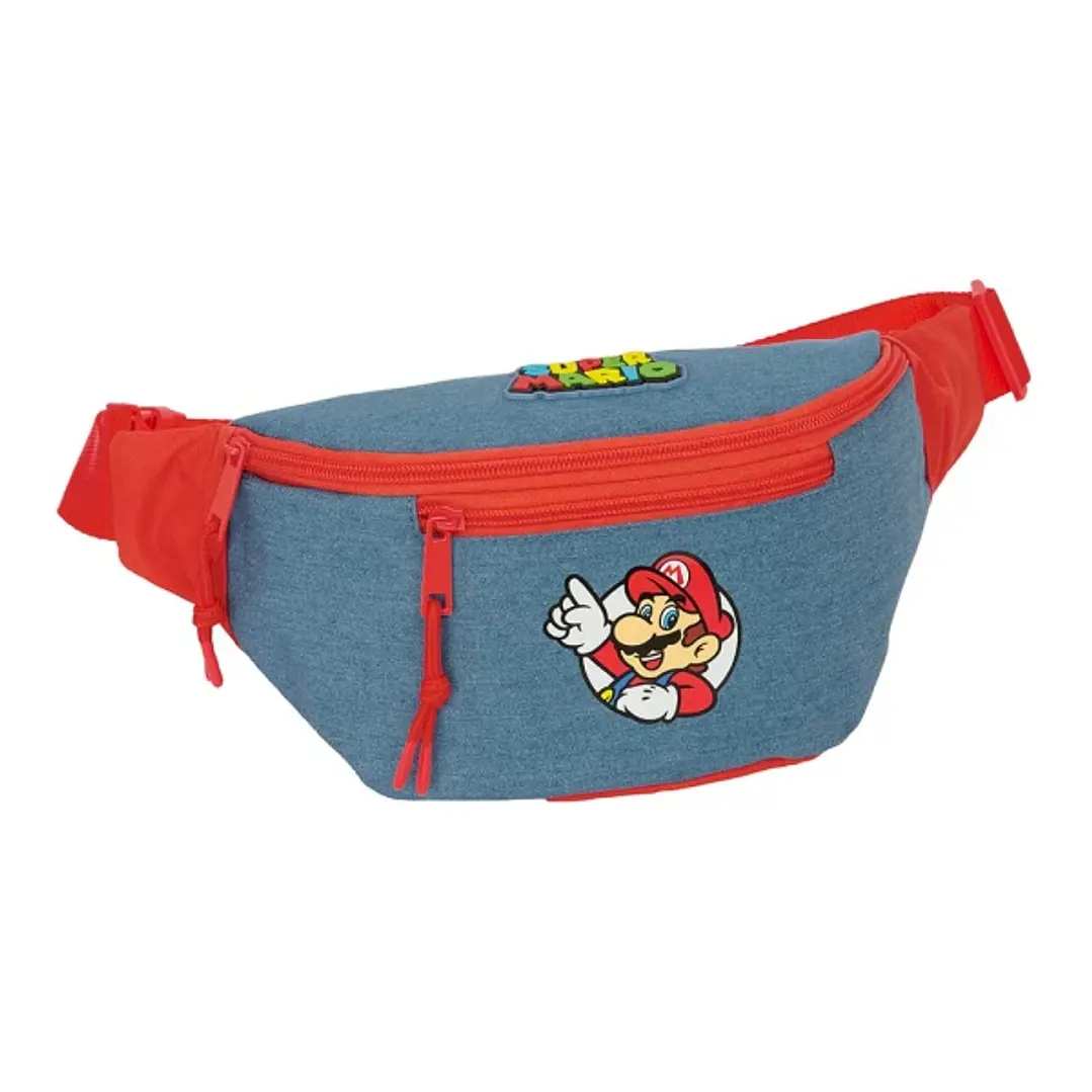 Safta Super Mario Bolsa de Cintura - Cremallera - Cintas Ajustables - Cierre de PVC - Bolsillo Frontal - 23x12x9cm - Color Rojo y Azul 1