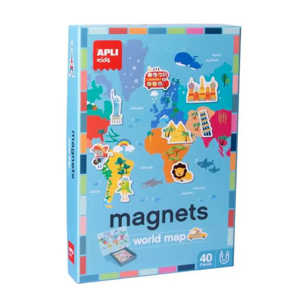 Apli Juego Magnetico Mapamundi - 1 Escenario Imantado 36 x 38 cm - 40 Fichas con Dibujos de Monumentos y Animales 1