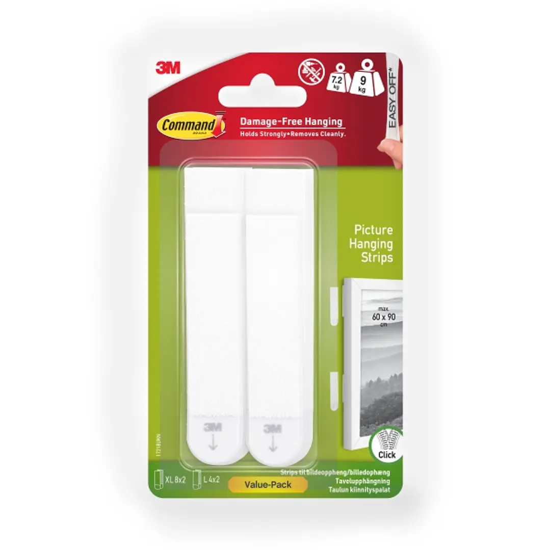 Command Pack de 24 Tiras Adhesivas para Objetos Pesados - 4 Pares L + 8 Pares XL - Soporta hasta 9kg - Color Blanco 1