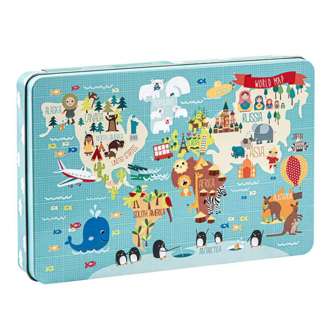 Apli Kids Puzle Mapamundi - 24 Piezas de 8x8mm - Caja Metalica Rectangular - Diseño Exclusivo de Martina Hogan - Facil Manejo - Grosor de 2mm - Desarr 1